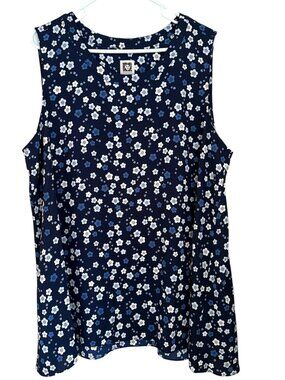 Anne Klein Womens Sleeveless Ditsy Floral Swing Top Sz 2X Blue Cottagecore Boho